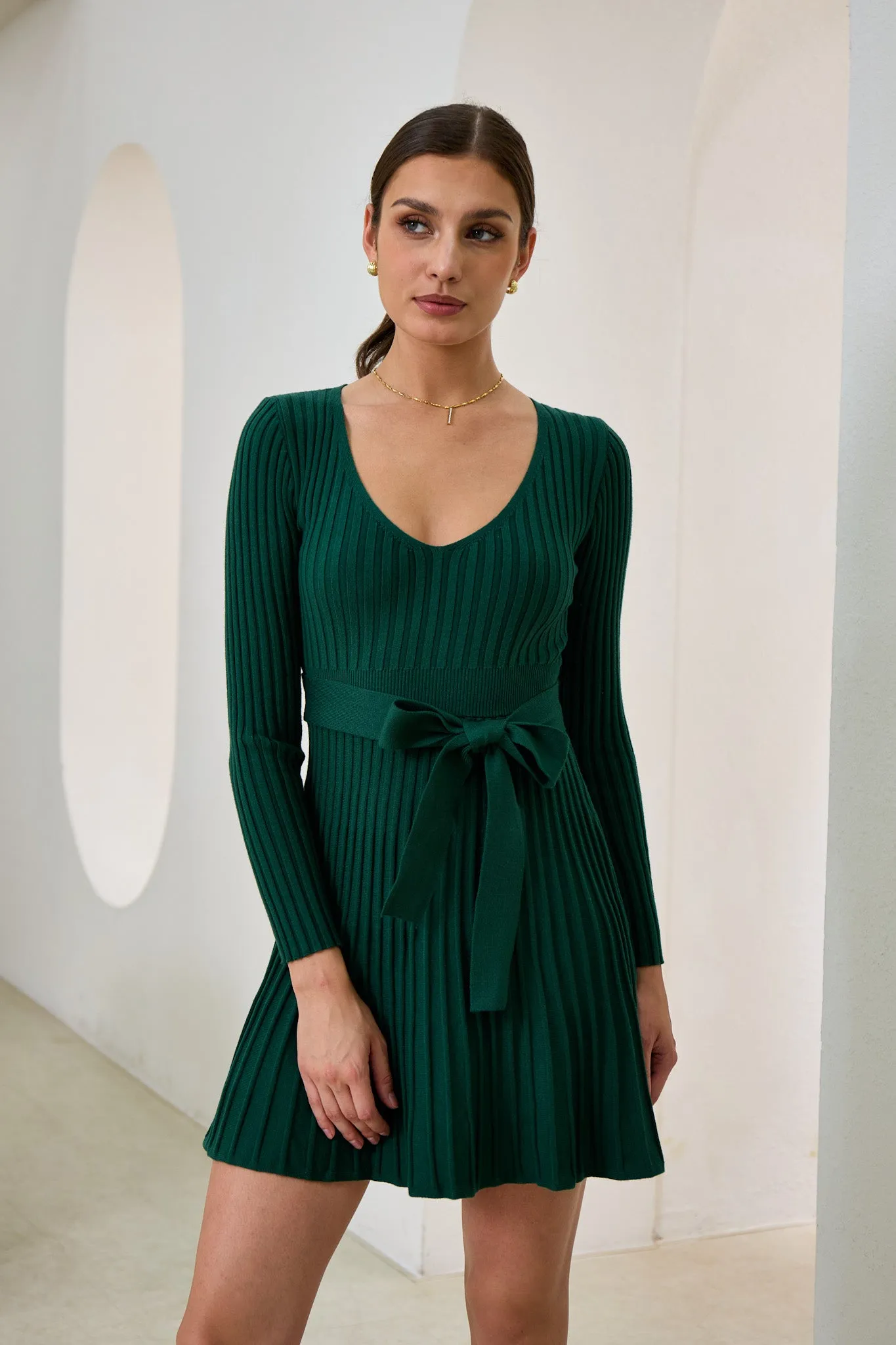 Cina Green Pleated Knit Mini Dress