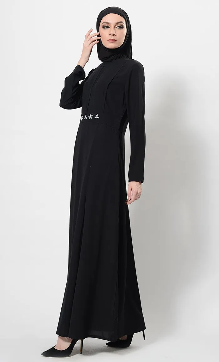 Crystal Embellished Motifs Flared Abaya Dress And Hijab Set - Final Sale