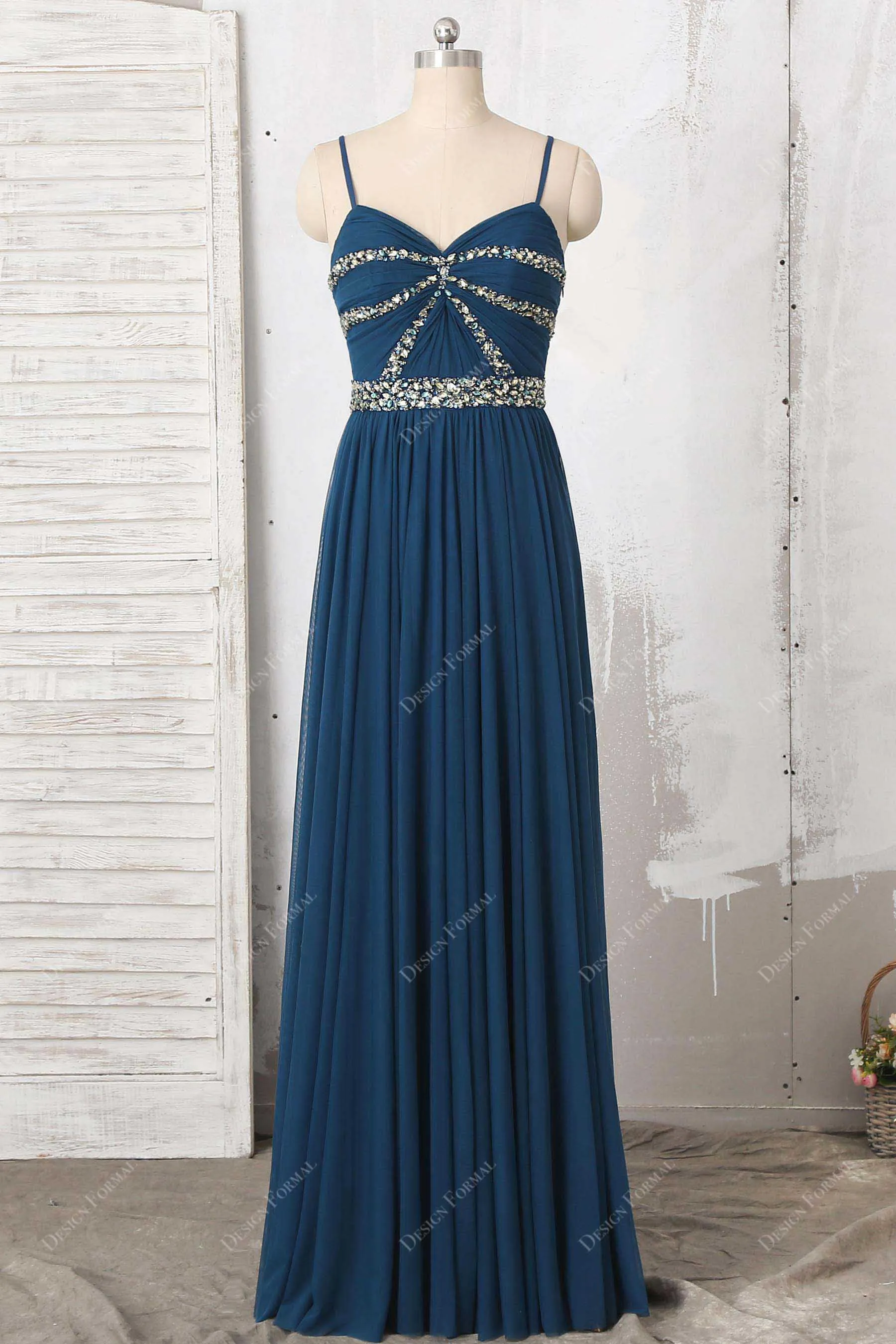 Crystals Ink Blue Chiffon Spaghetti Straps Dress