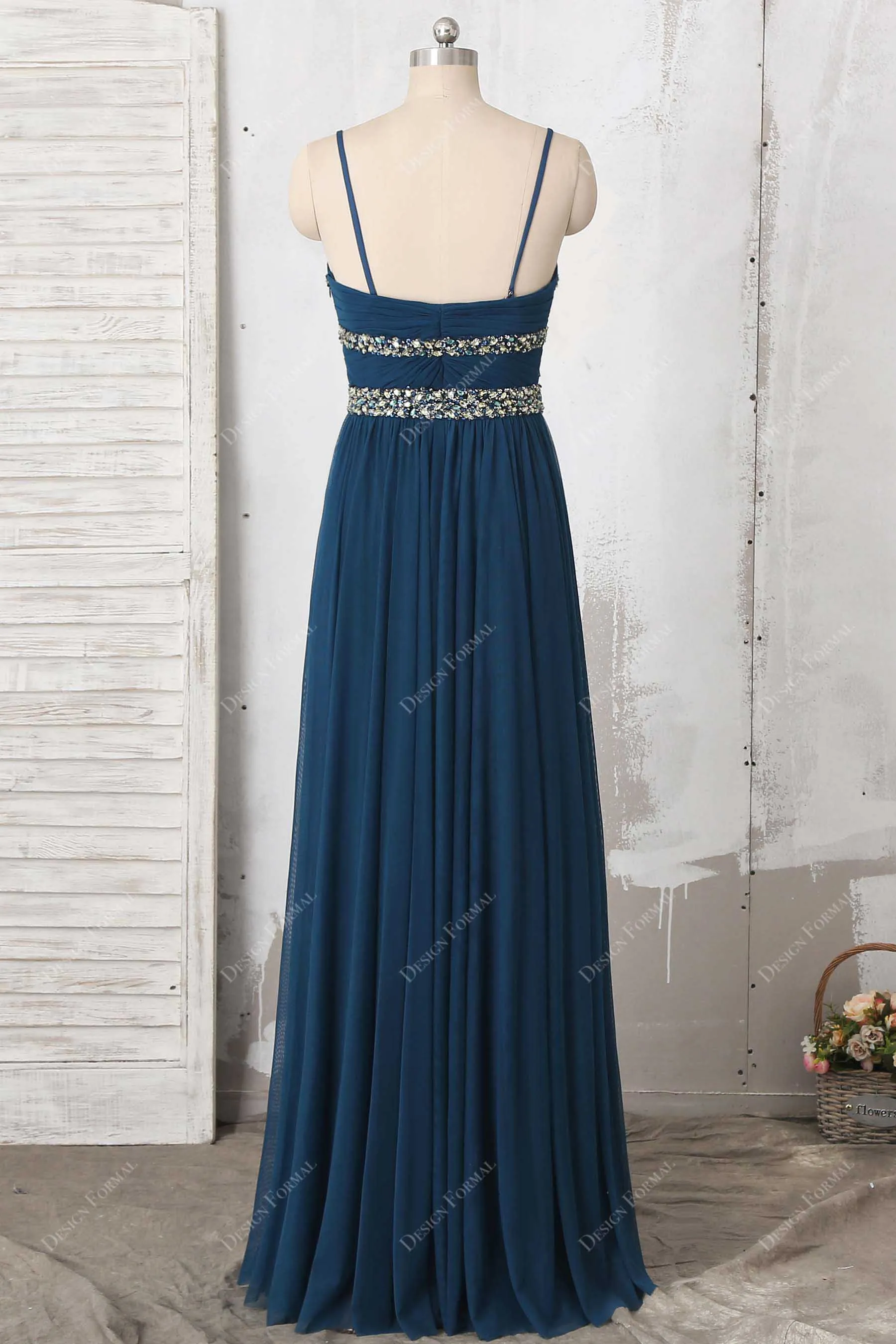 Crystals Ink Blue Chiffon Spaghetti Straps Dress