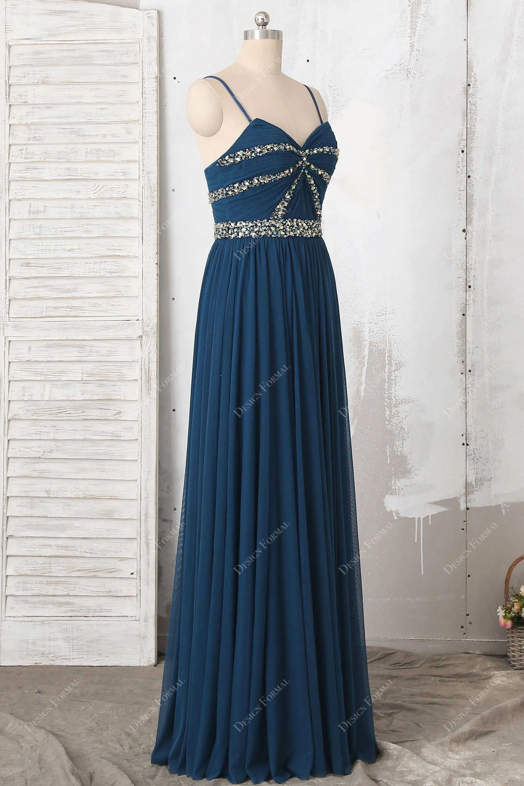 Crystals Ink Blue Chiffon Spaghetti Straps Dress