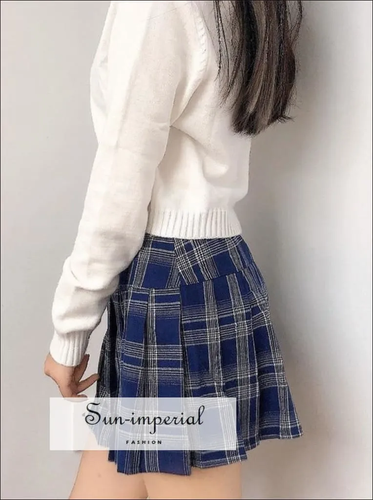 Dark Blue High Waist Pleated Tennis Check Mini Skirt with Underpants