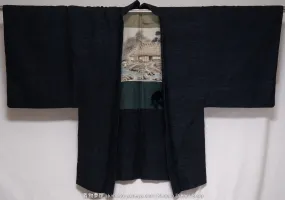 Dark Blue Men's Haori - Vintage Wool Male Kimono Jacket with Himo Cords - Ancient Houses Next to River Painted on Lining - Where to Buy Online