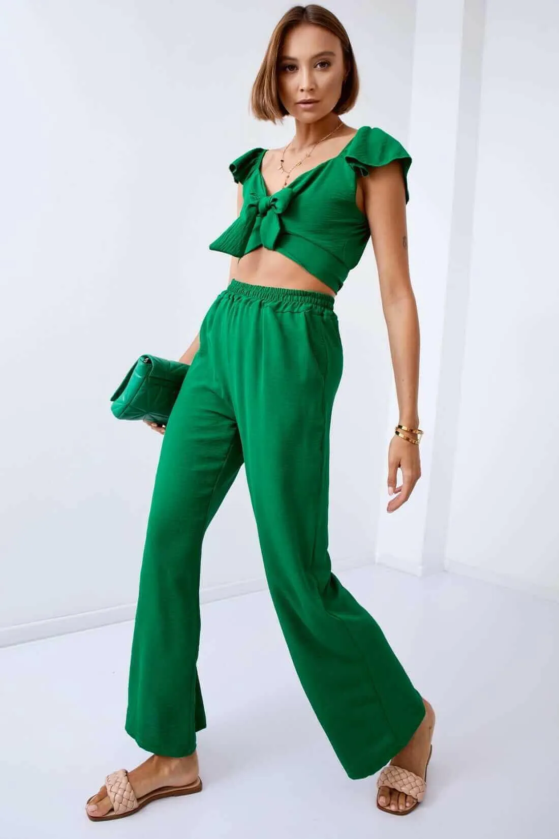 Dark green crop top set with wide pants 8108