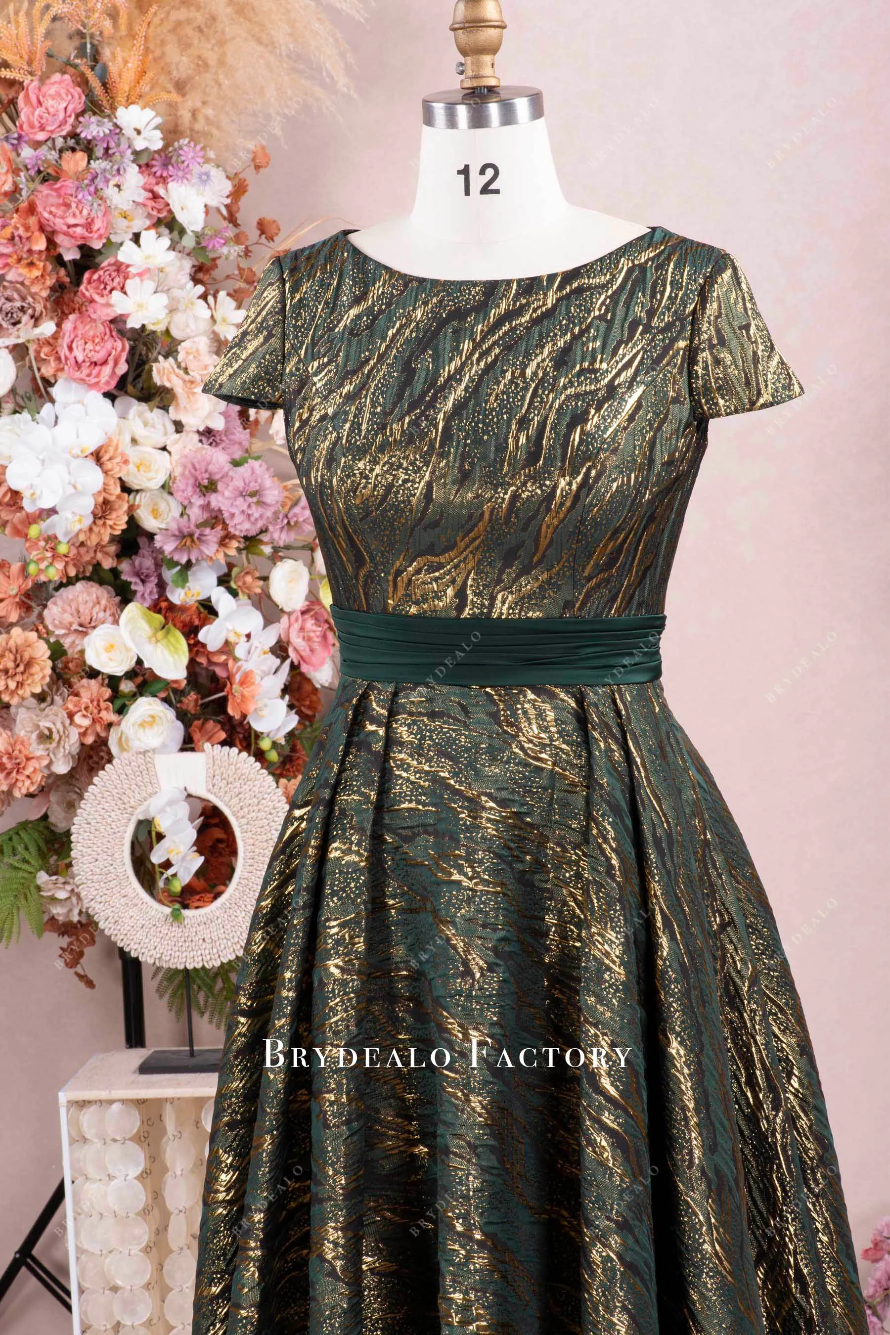 Dark Green Gold Jacquard Satin Mother of Bride Dress