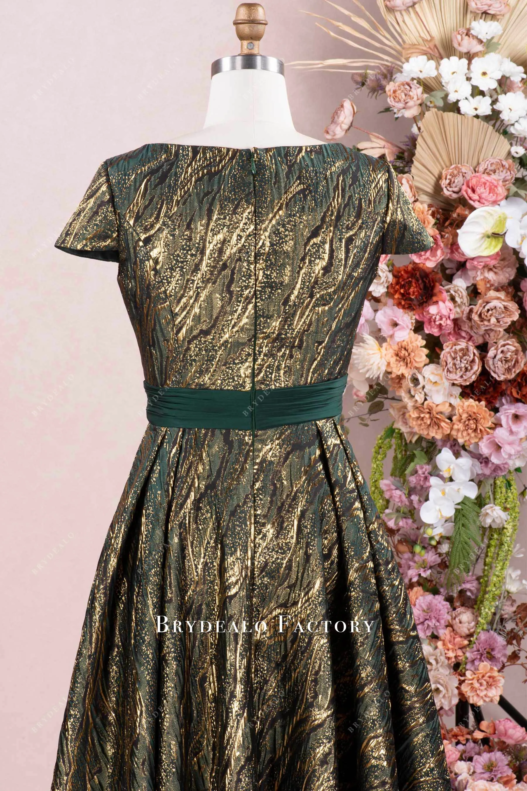 Dark Green Gold Jacquard Satin Mother of Bride Dress