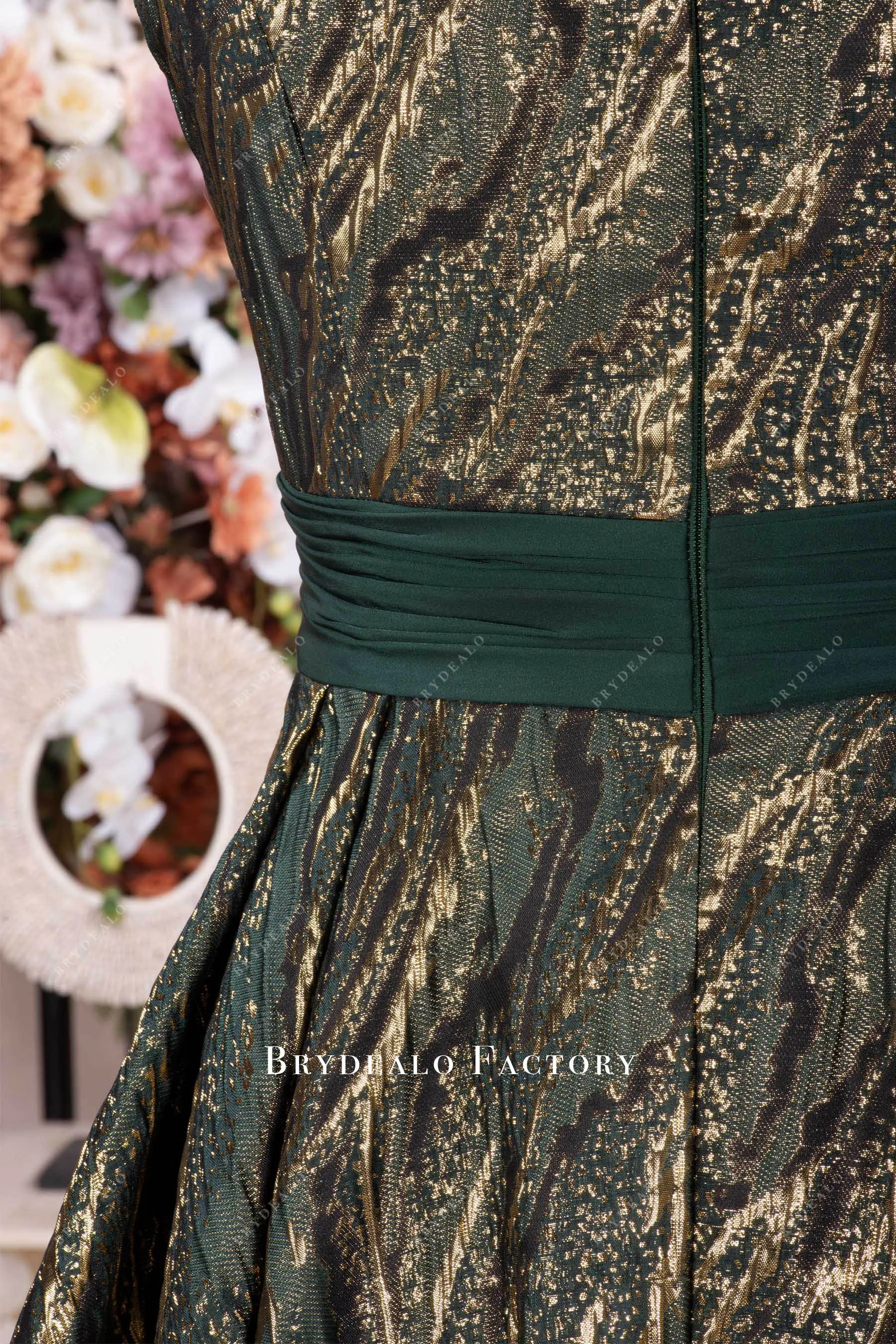 Dark Green Gold Jacquard Satin Mother of Bride Dress