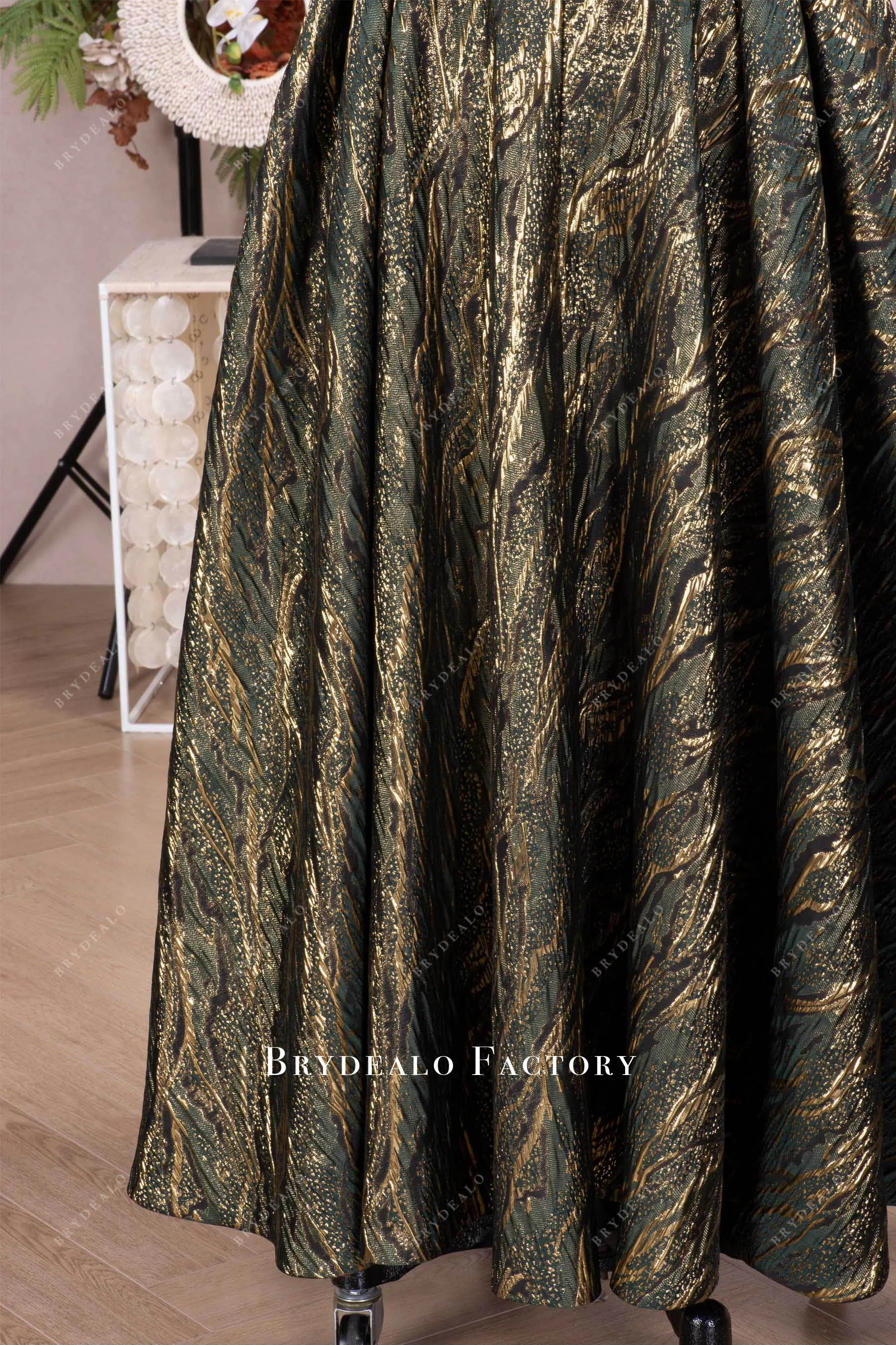 Dark Green Gold Jacquard Satin Mother of Bride Dress