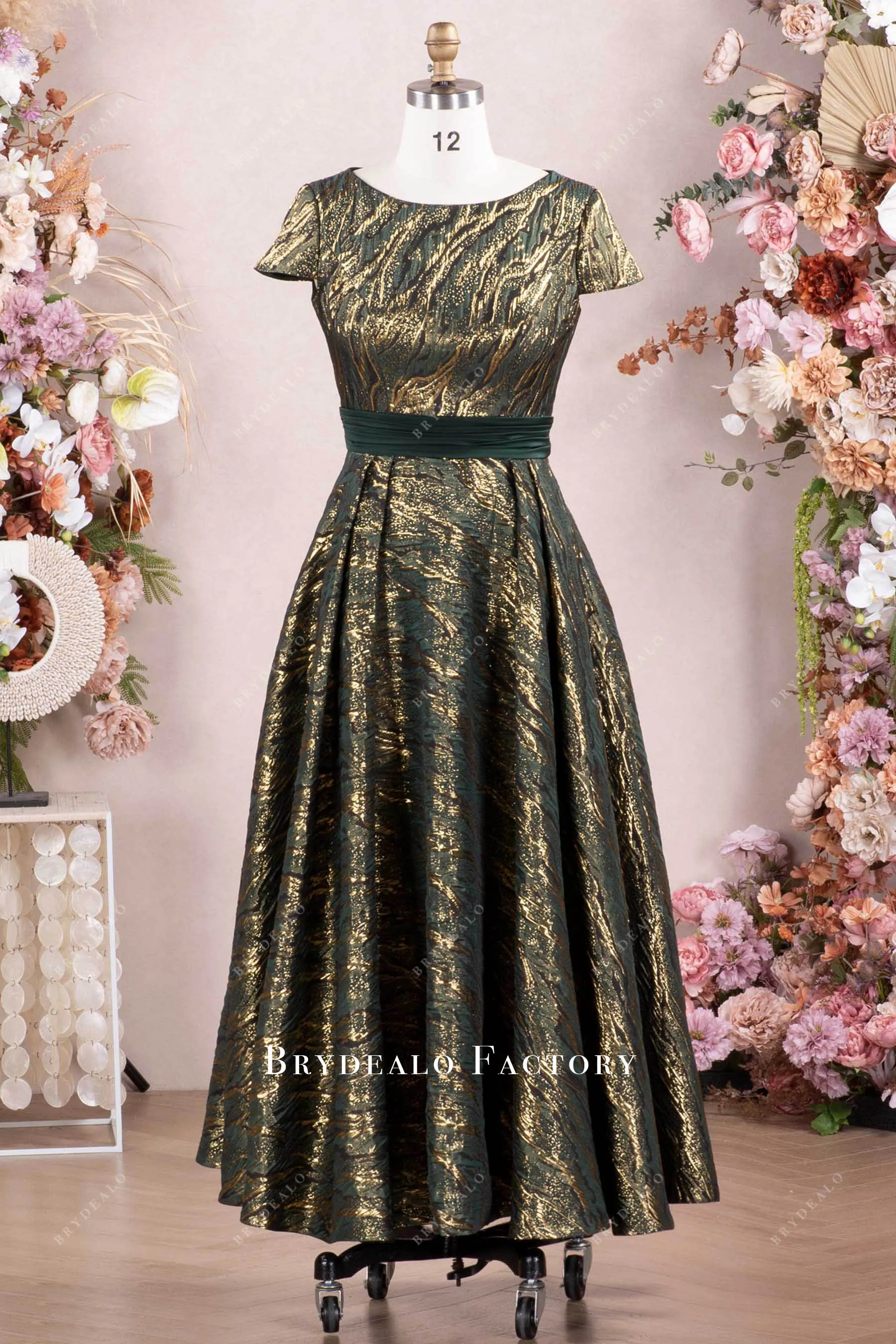 Dark Green Gold Jacquard Satin Mother of Bride Dress