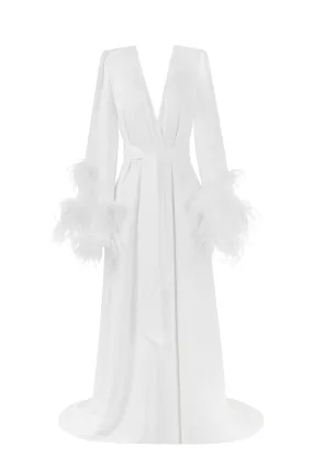 Delicate feather-trimmed satin robe