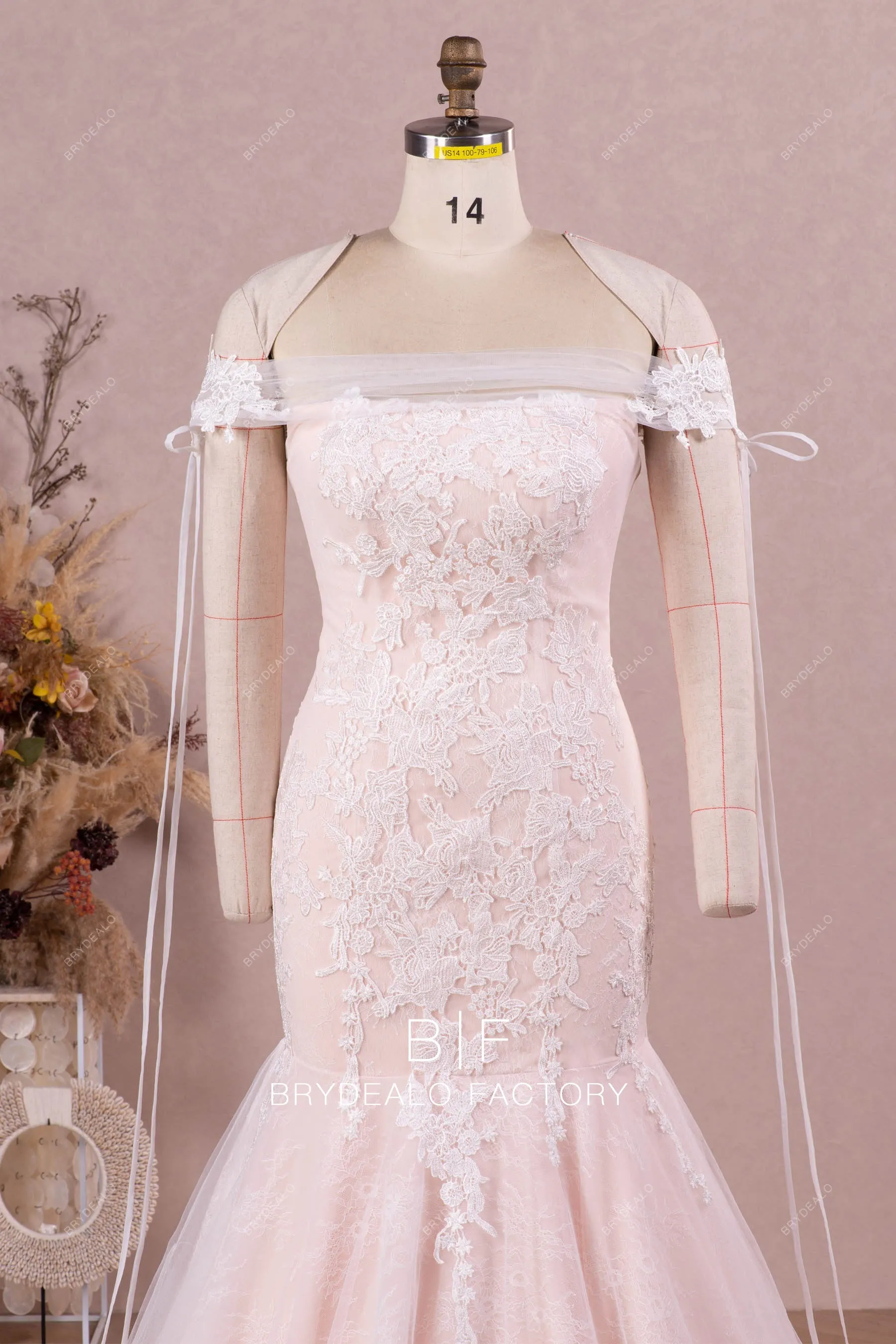 Designer Lace Blush Pink Off Shoulder Mermaid Wedding Dress