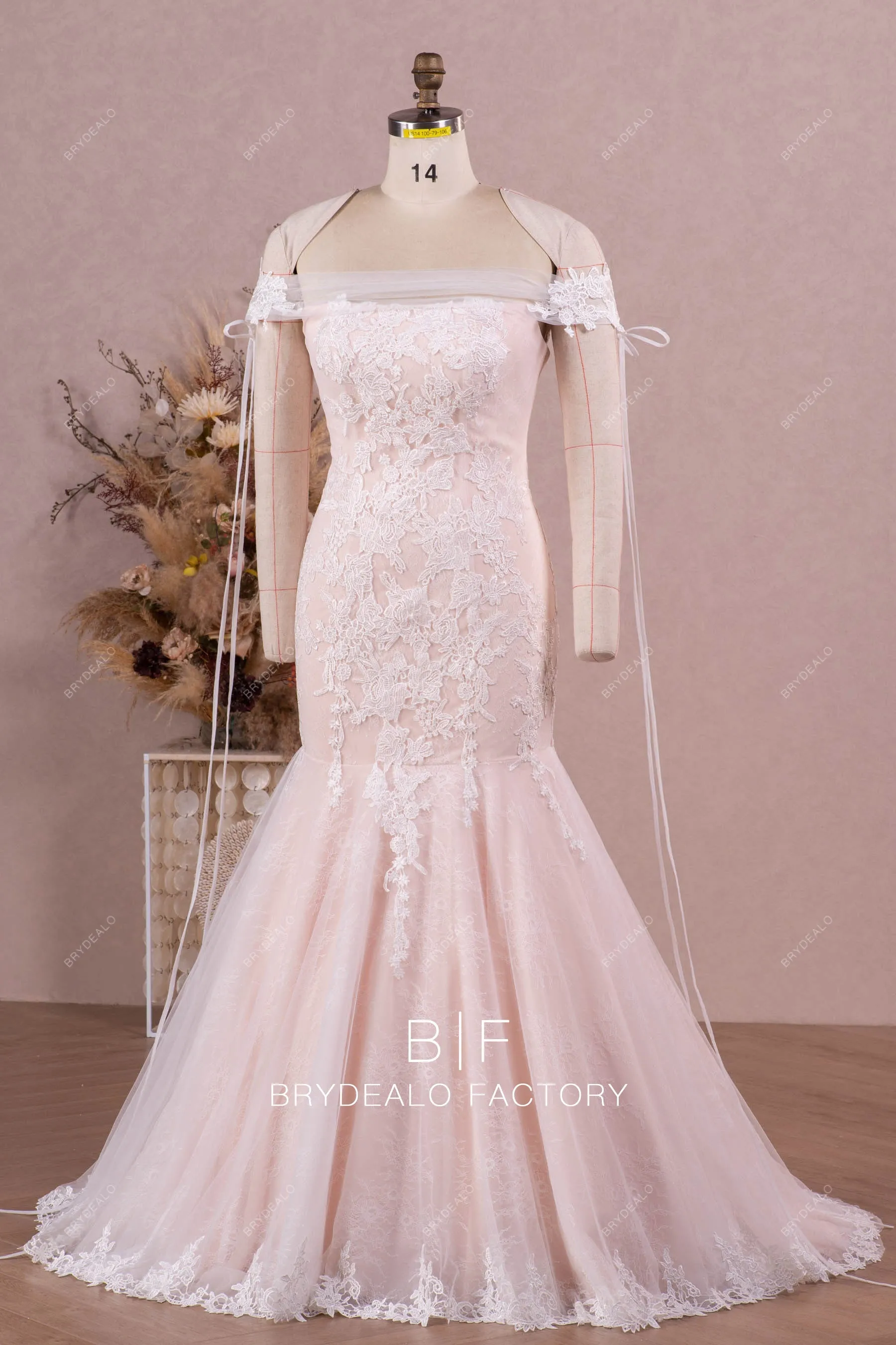 Designer Lace Blush Pink Off Shoulder Mermaid Wedding Dress