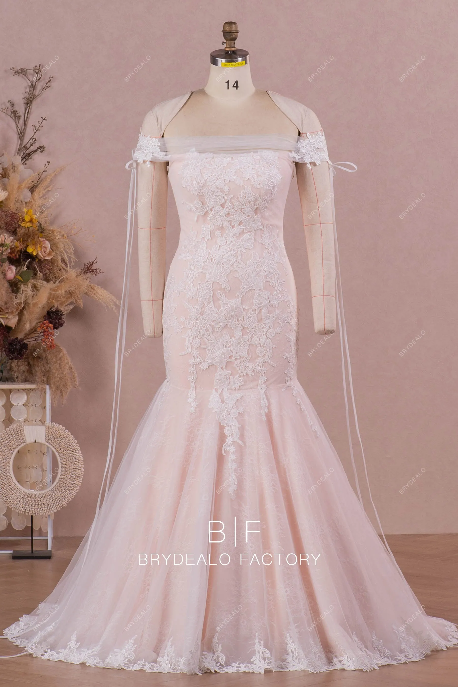 Designer Lace Blush Pink Off Shoulder Mermaid Wedding Dress