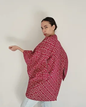 Diamond pattern in maroon red  Haori Kimono Jacket