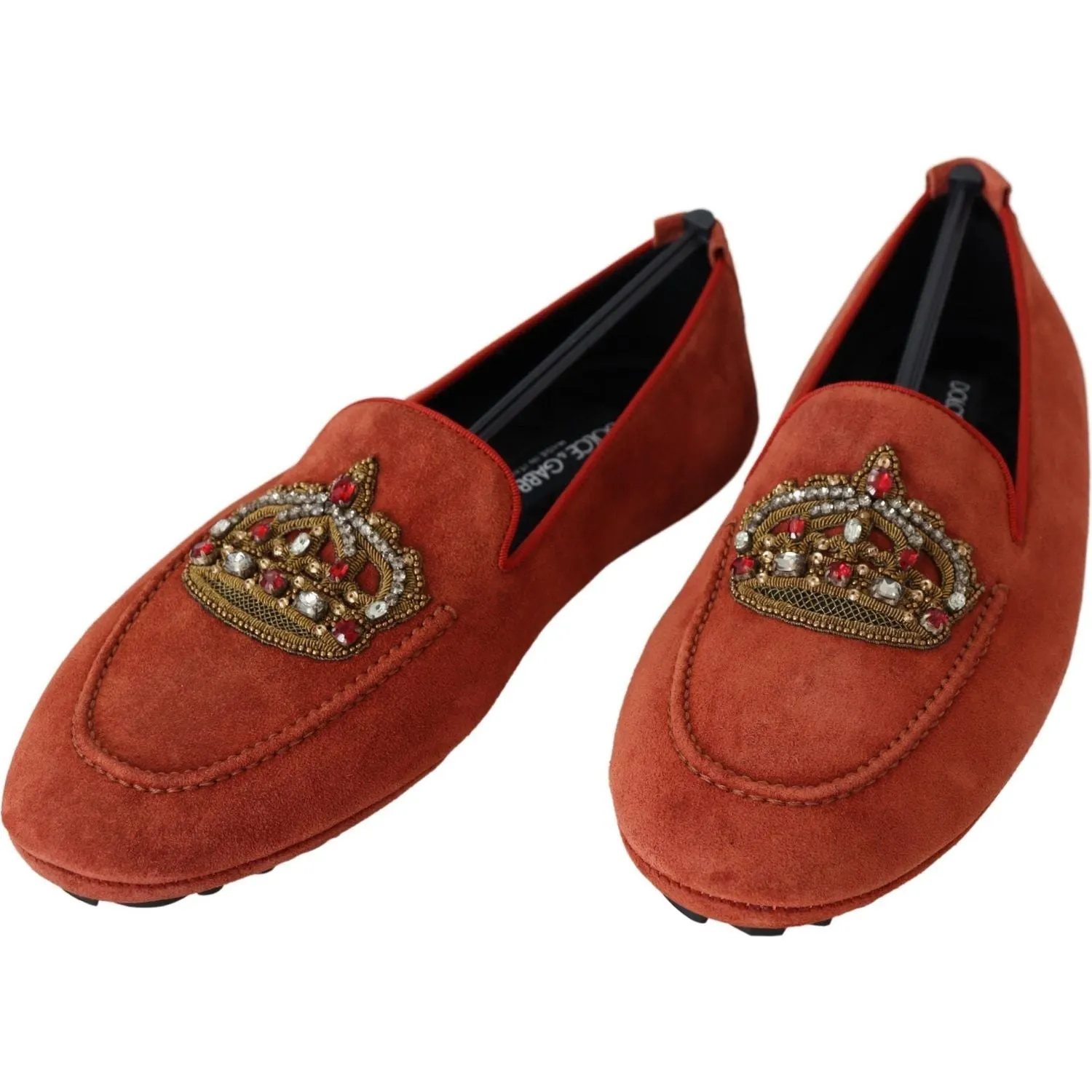 Dolce & Gabbana Opulent Orange Leather Loafers with Gold Embroidery