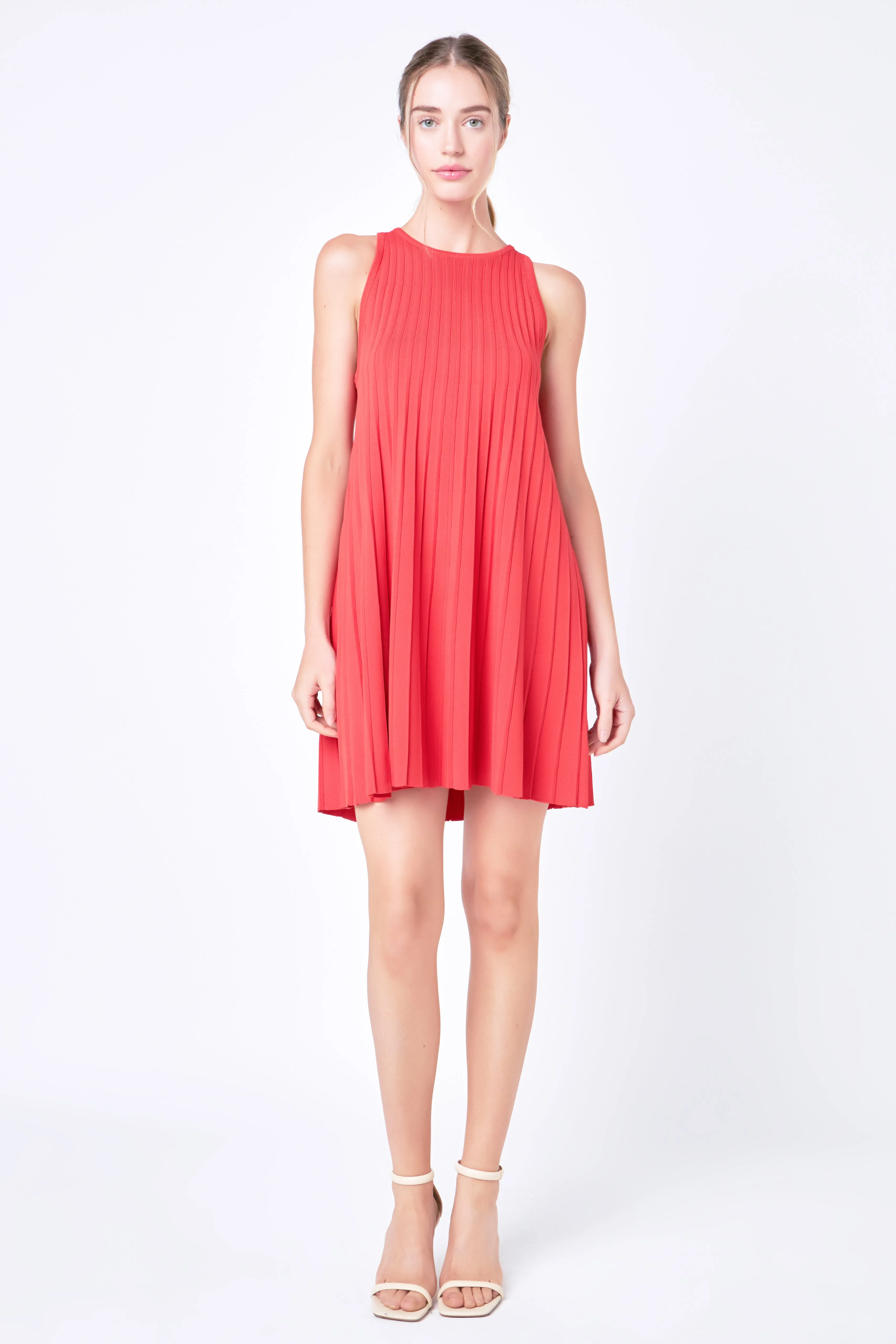 English Factory - Pleated A-line Knit Mini Dress in Red