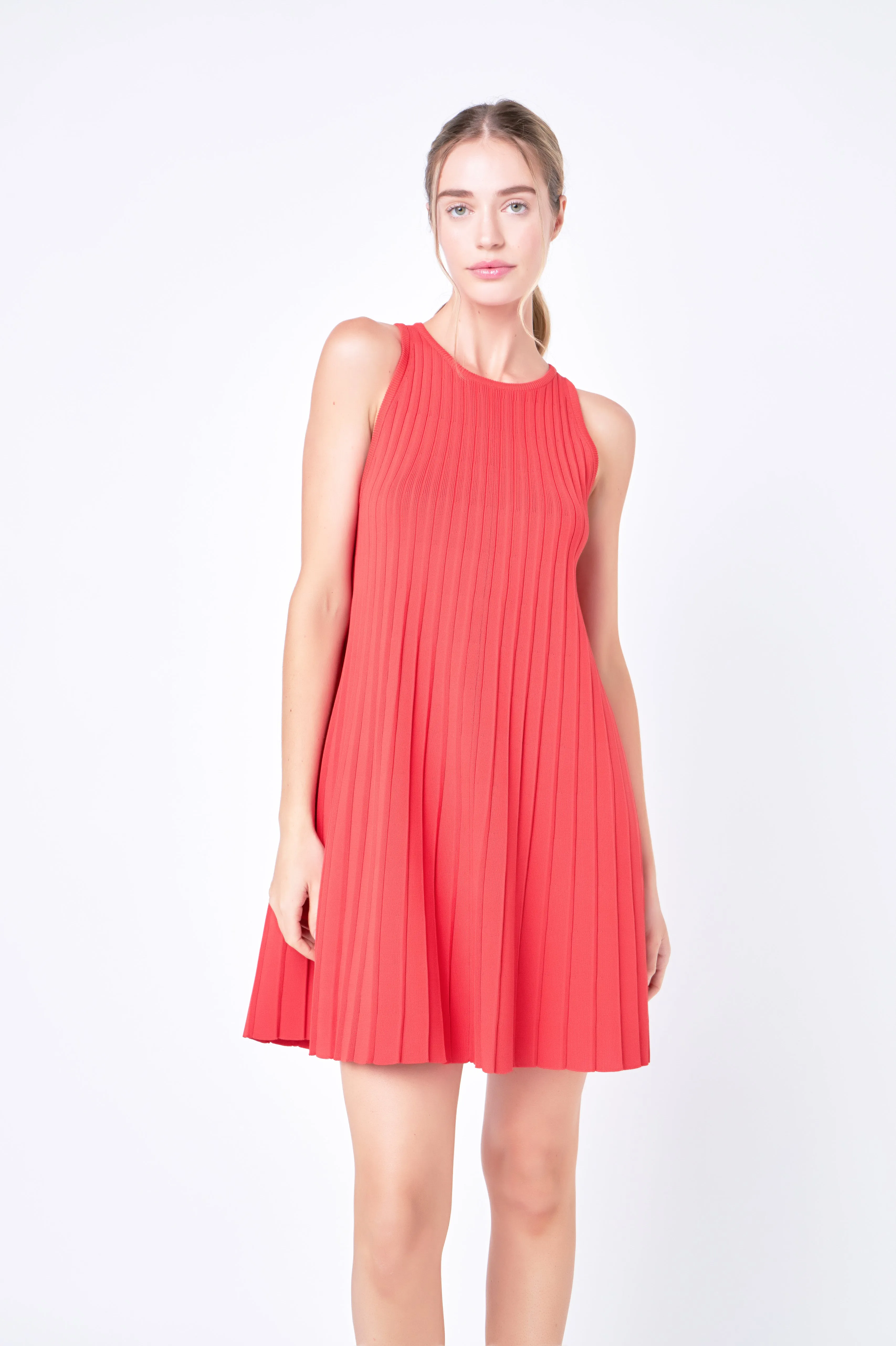 English Factory - Pleated A-line Knit Mini Dress in Red