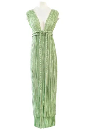 Exquisite 1970s Mary McFadden Back & Front Plunging Mint Green Pleated Dress