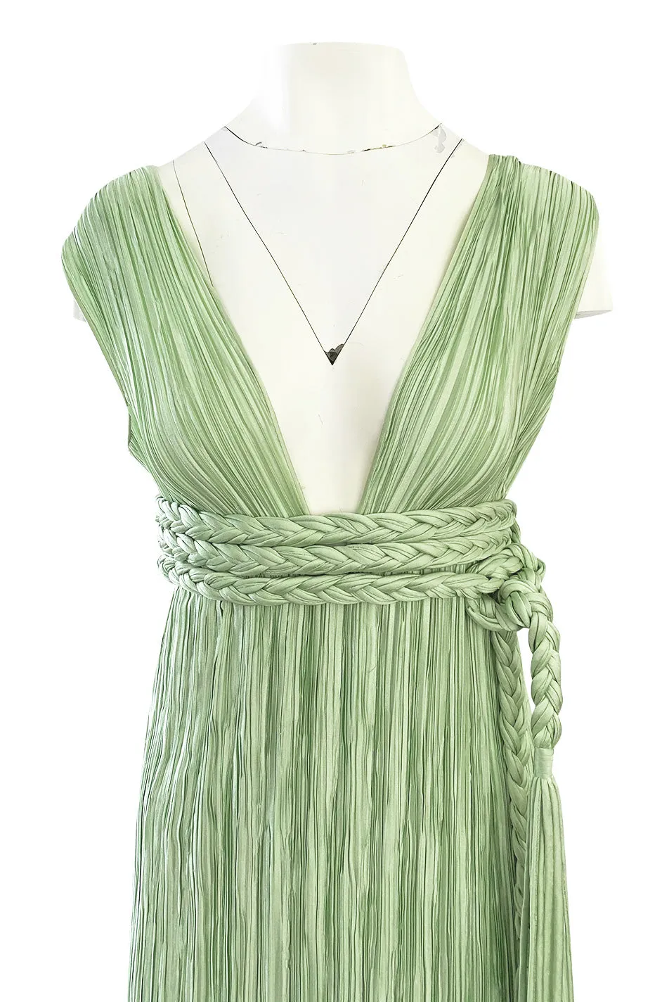 Exquisite 1970s Mary McFadden Back & Front Plunging Mint Green Pleated Dress