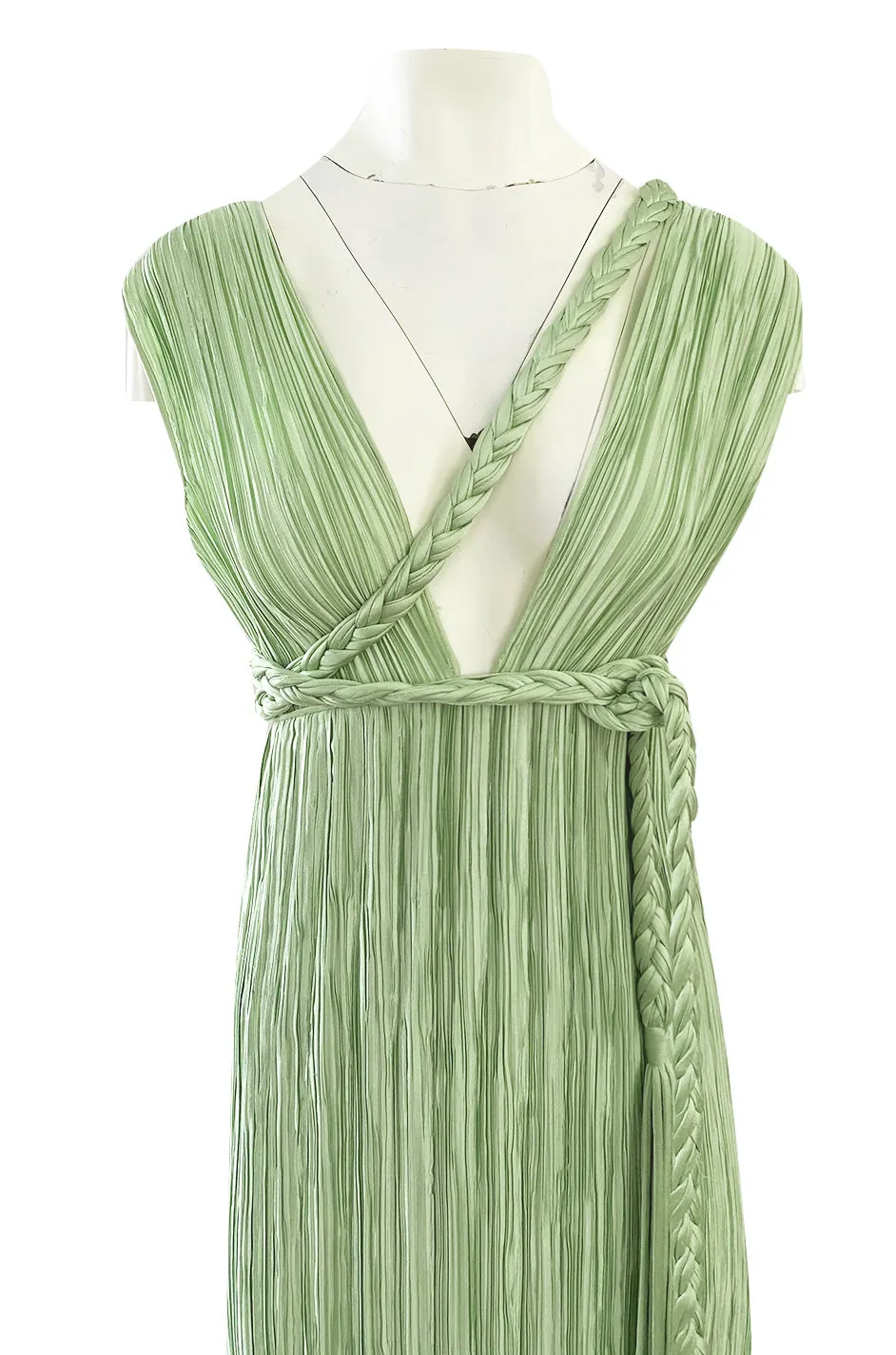 Exquisite 1970s Mary McFadden Back & Front Plunging Mint Green Pleated Dress