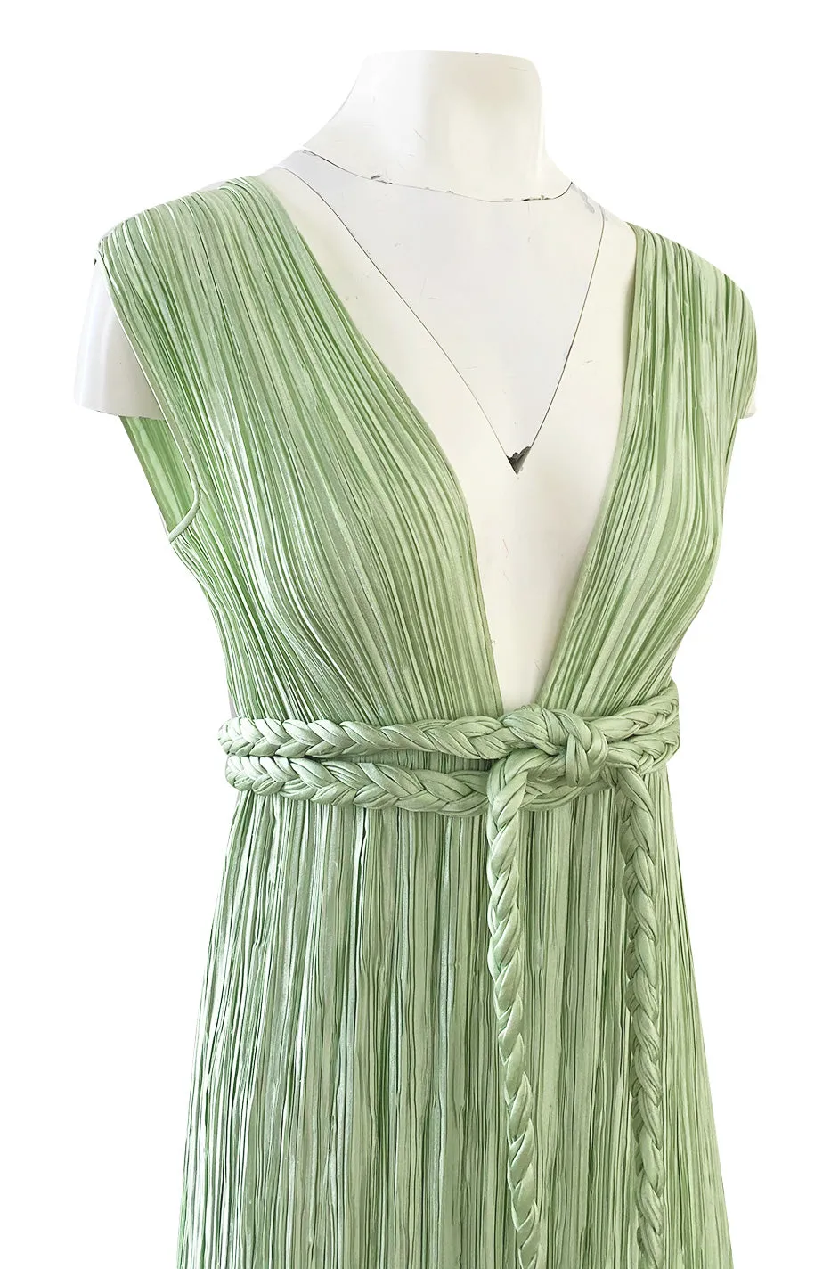 Exquisite 1970s Mary McFadden Back & Front Plunging Mint Green Pleated Dress