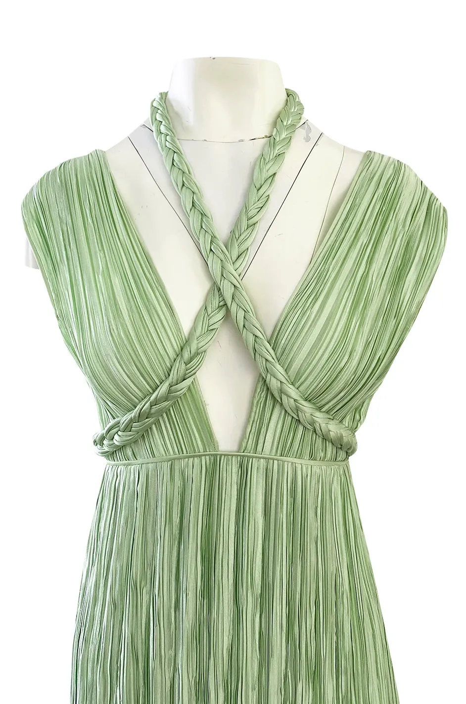 Exquisite 1970s Mary McFadden Back & Front Plunging Mint Green Pleated Dress