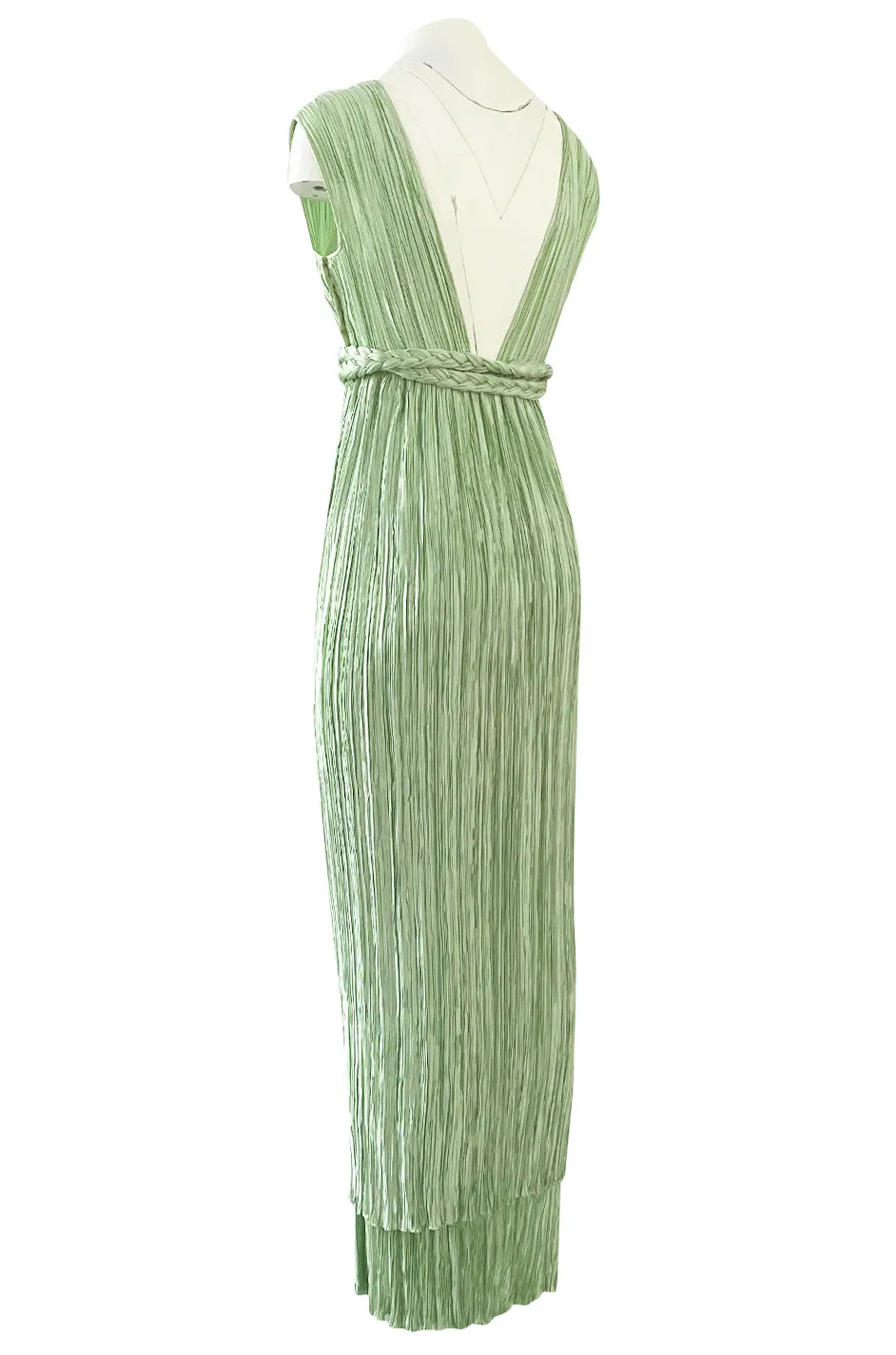 Exquisite 1970s Mary McFadden Back & Front Plunging Mint Green Pleated Dress