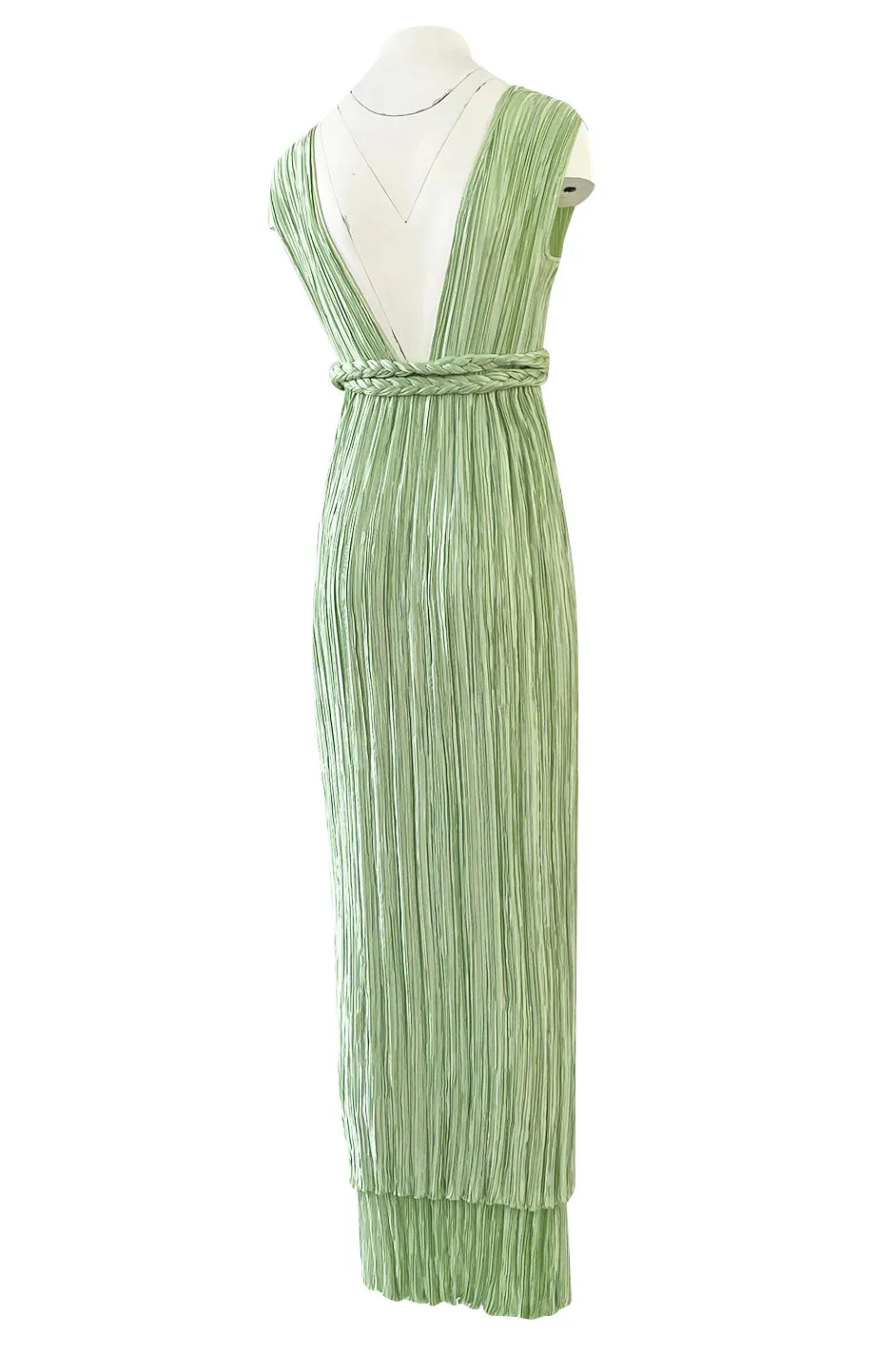 Exquisite 1970s Mary McFadden Back & Front Plunging Mint Green Pleated Dress