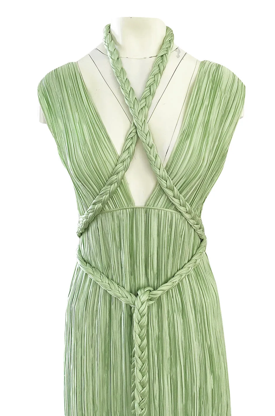 Exquisite 1970s Mary McFadden Back & Front Plunging Mint Green Pleated Dress