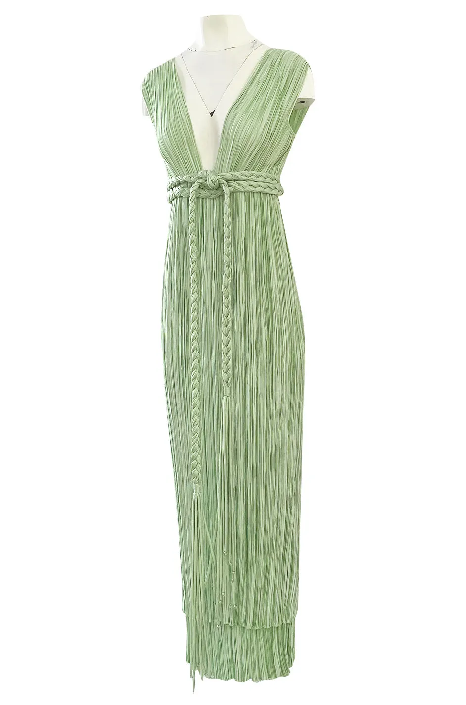 Exquisite 1970s Mary McFadden Back & Front Plunging Mint Green Pleated Dress