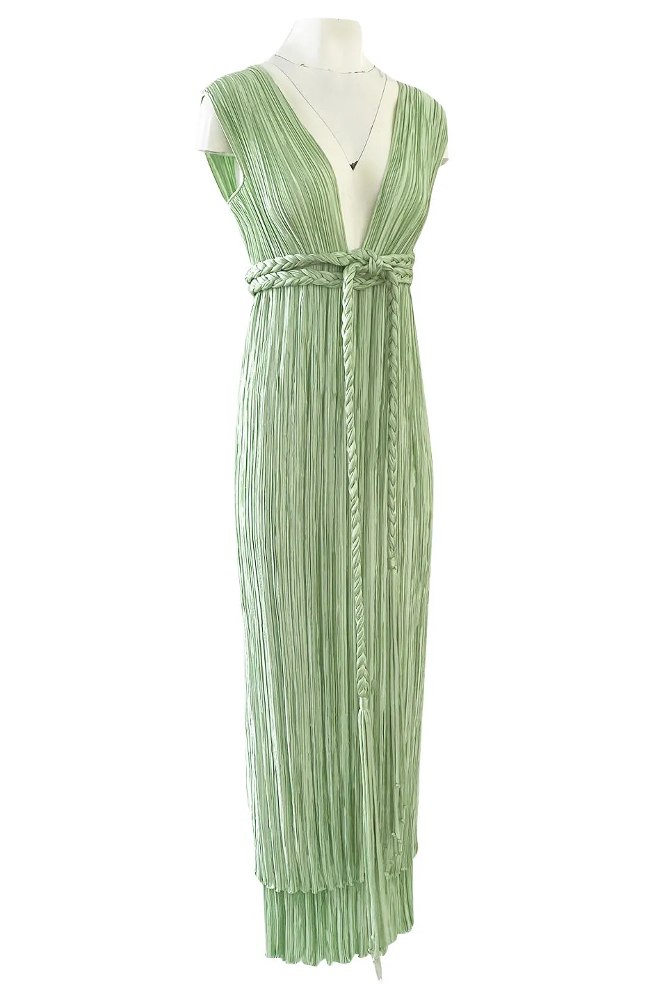 Exquisite 1970s Mary McFadden Back & Front Plunging Mint Green Pleated Dress