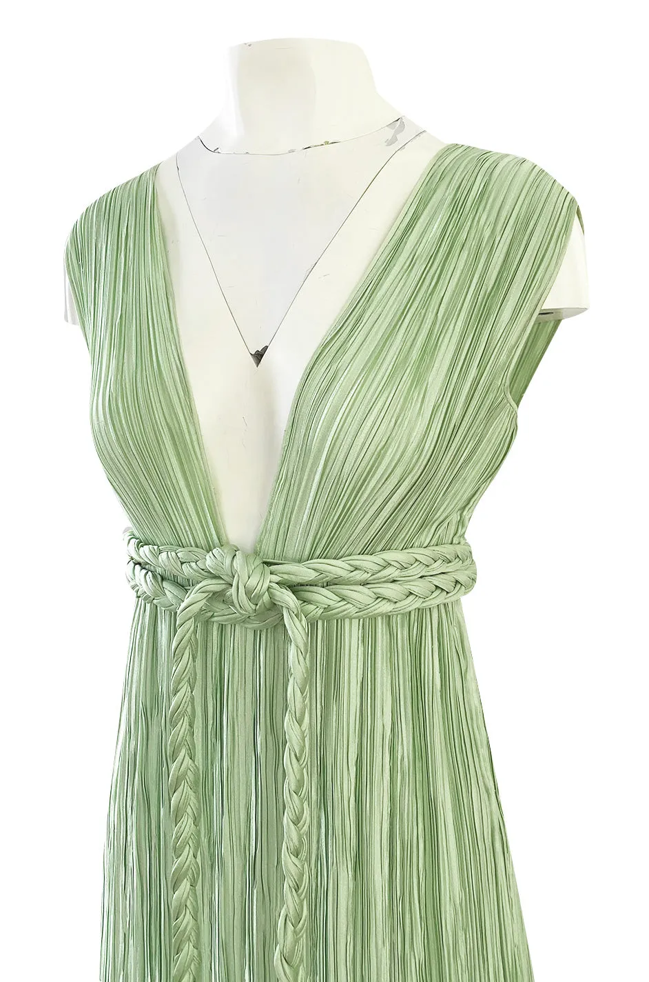 Exquisite 1970s Mary McFadden Back & Front Plunging Mint Green Pleated Dress