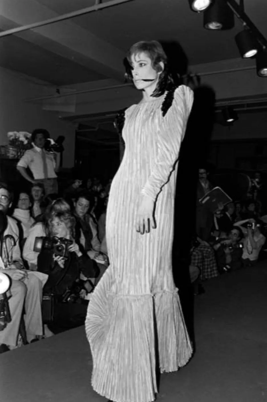 Fall 1980 Mary McFadden Pleated Two Colour Sleeve Dress w Bead Detail