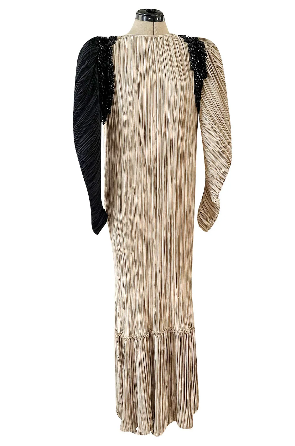 Fall 1980 Mary McFadden Pleated Two Colour Sleeve Dress w Bead Detail