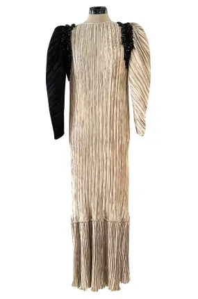 Fall 1980 Mary McFadden Pleated Two Colour Sleeve Dress w Bead Detail