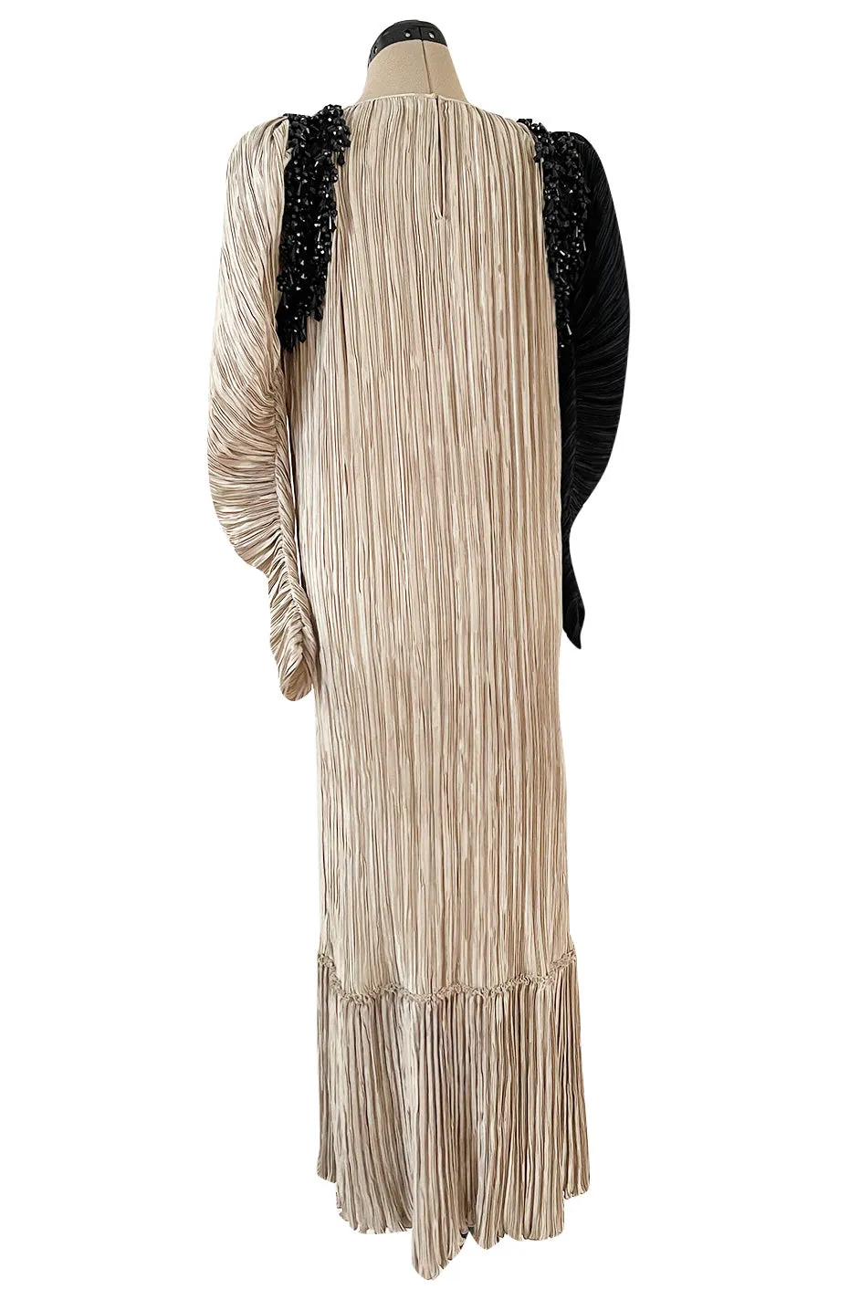 Fall 1980 Mary McFadden Pleated Two Colour Sleeve Dress w Bead Detail