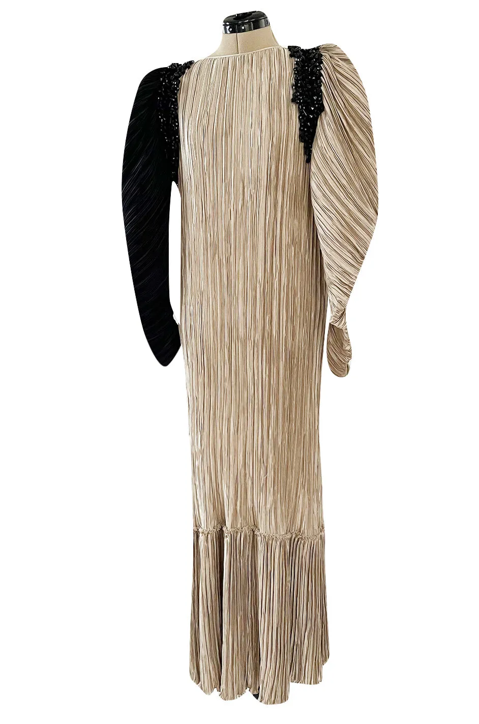 Fall 1980 Mary McFadden Pleated Two Colour Sleeve Dress w Bead Detail