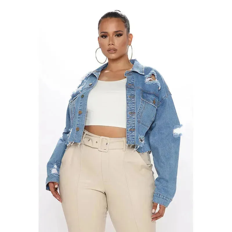 Fashionable Ripped Long sleeve  Denim  Jeans Crop jacket women short denim jacket oversized cropped denim jacket