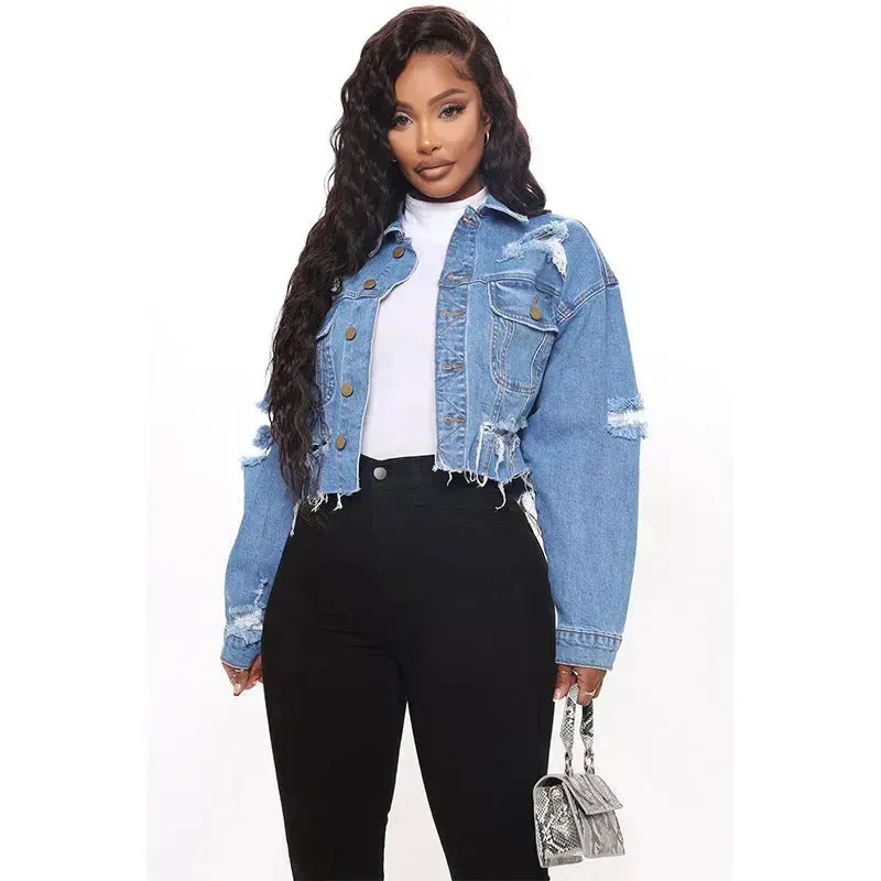 Fashionable Ripped Long sleeve  Denim  Jeans Crop jacket women short denim jacket oversized cropped denim jacket