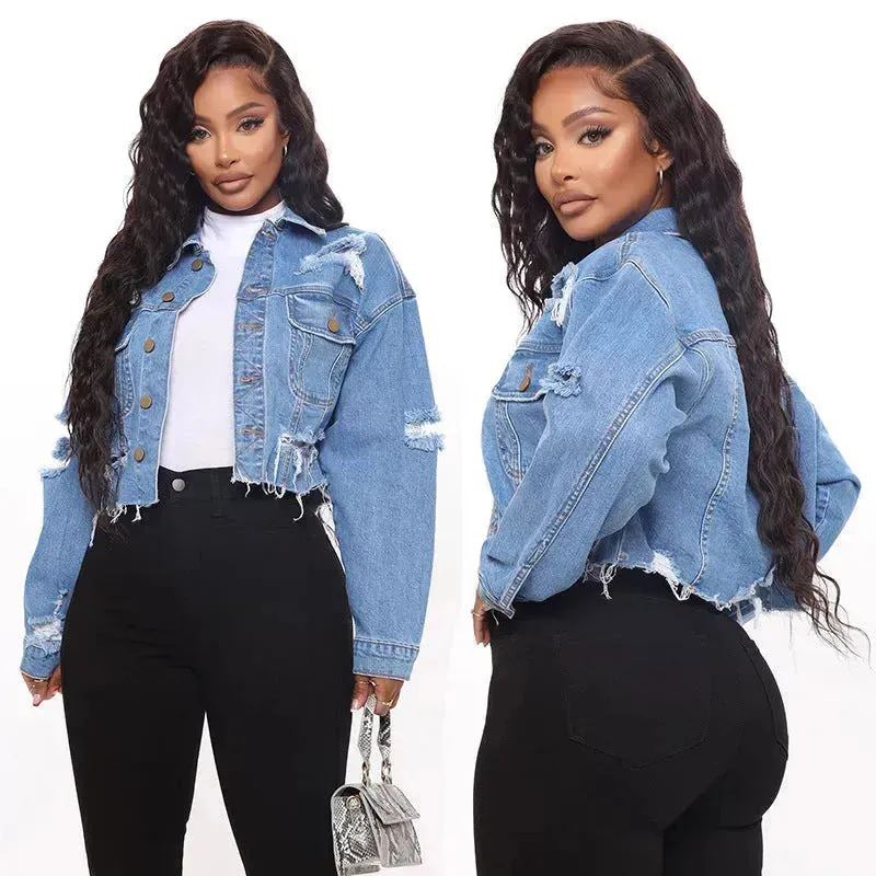 Fashionable Ripped Long sleeve  Denim  Jeans Crop jacket women short denim jacket oversized cropped denim jacket