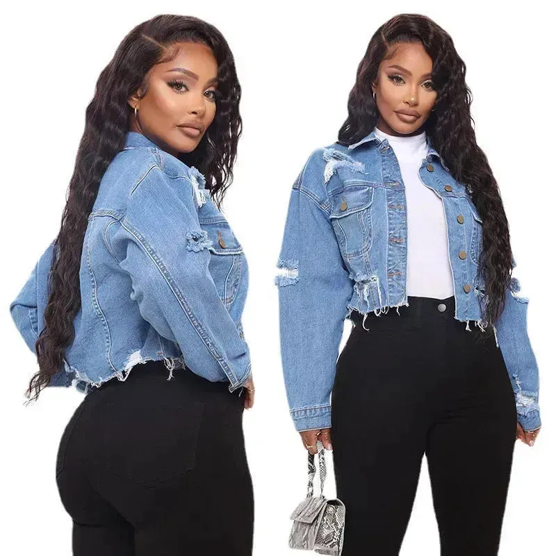 Fashionable Ripped Long sleeve  Denim  Jeans Crop jacket women short denim jacket oversized cropped denim jacket