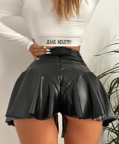 Faux Leather Pleated Skirt Shorts