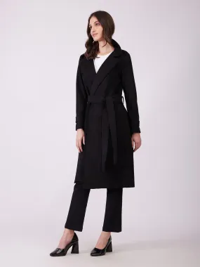 Faux Suede Double Breasted Overcoat - Black