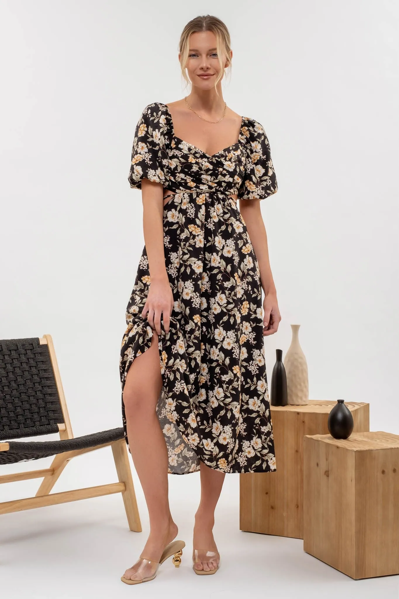 Floral Puff Sleeve Cutout Midi Dress