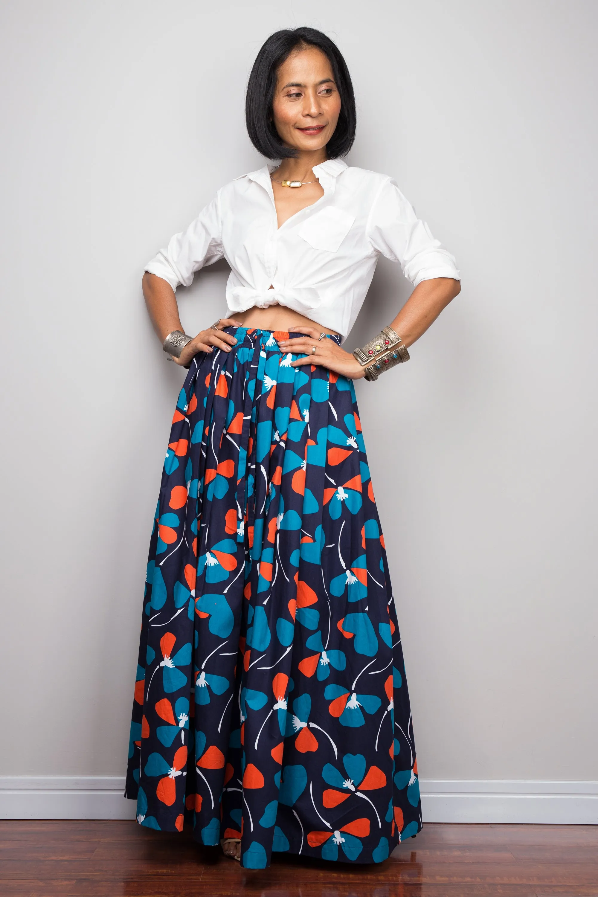 Floral skirt,  Pleated maxi skirt, blue cotton summer skirt