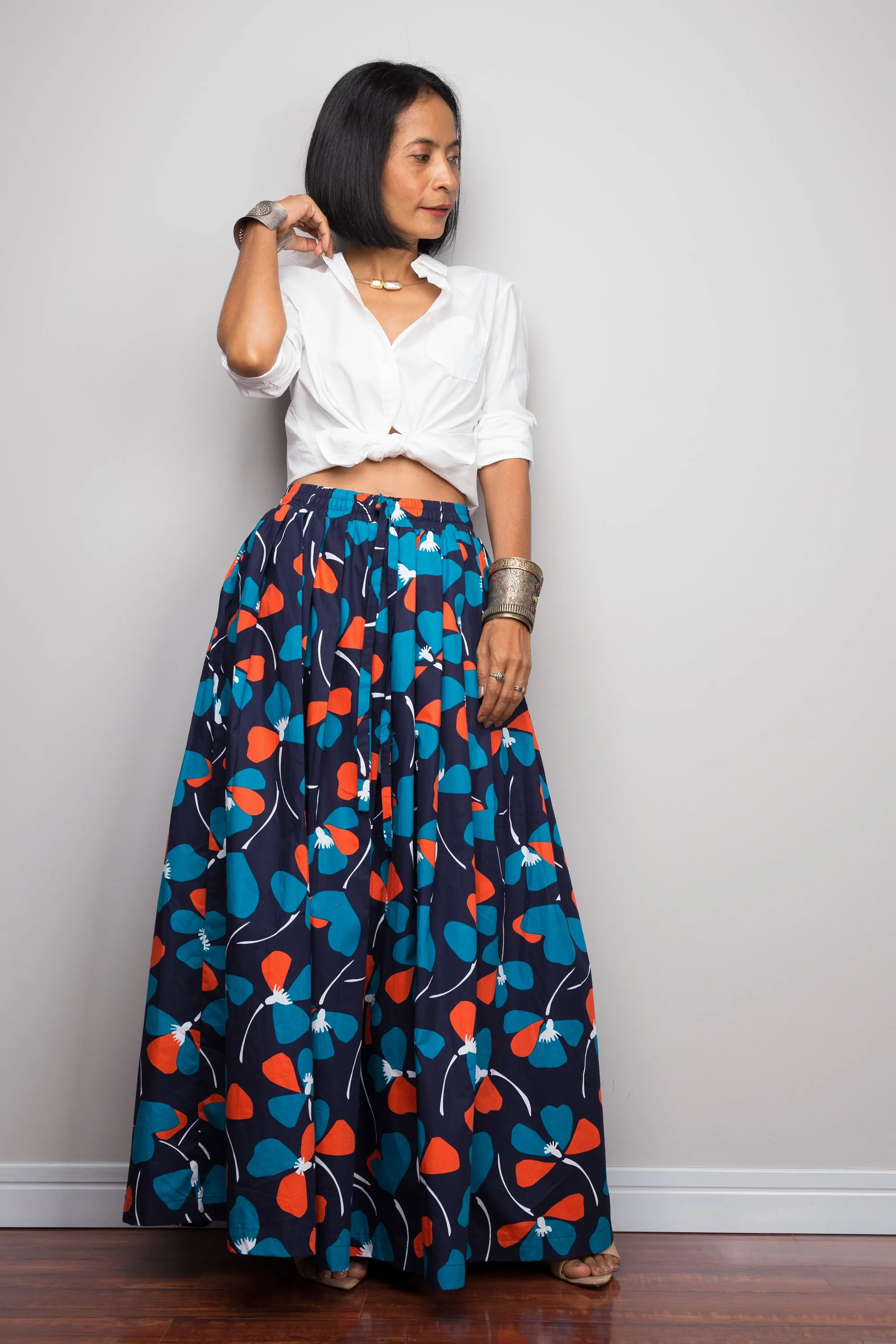 Floral skirt,  Pleated maxi skirt, blue cotton summer skirt