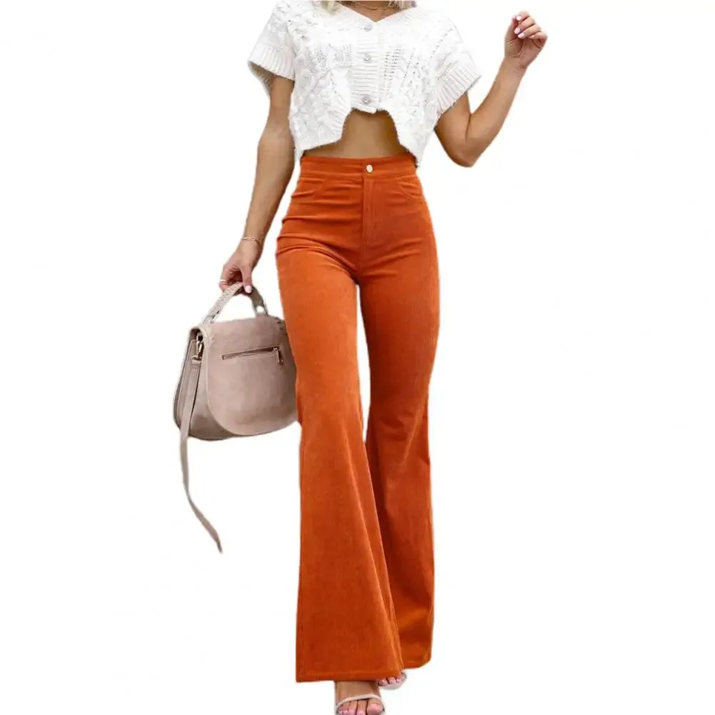 FLYTONN-Women Flared Pants Solid Color Horn Shape Lady Pants High Waist Button-up Slim Fit Full Length Female Trousers For Dating