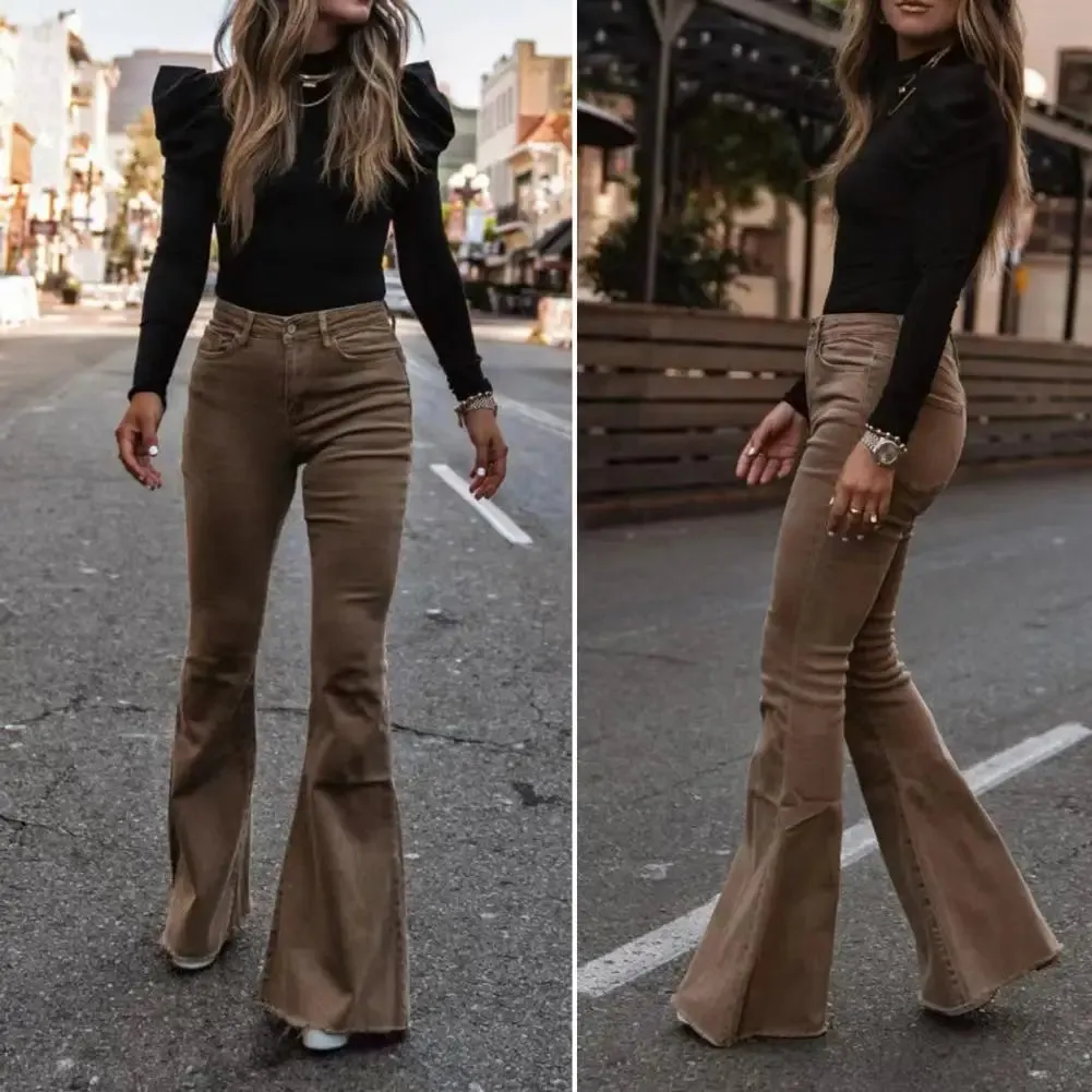 FLYTONN-Women Flared Pants Solid Color Horn Shape Lady Pants High Waist Button-up Slim Fit Full Length Female Trousers For Dating