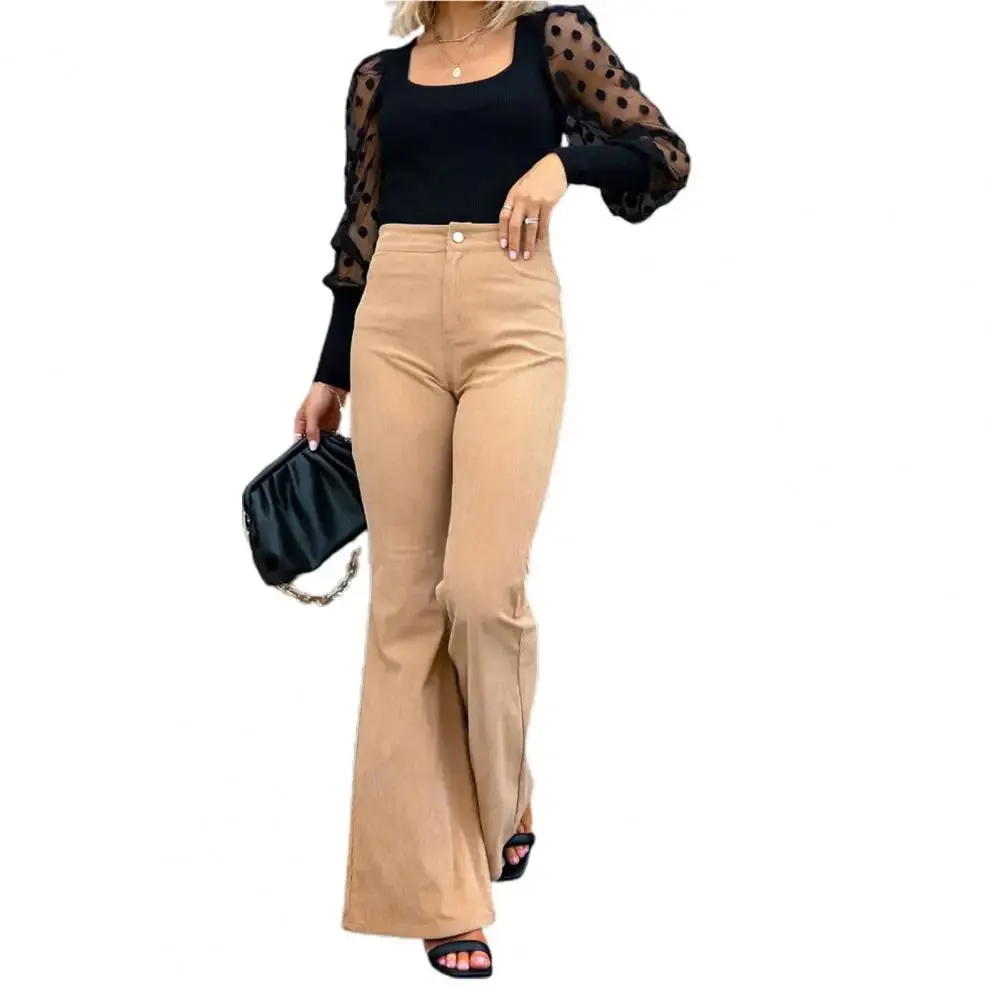 FLYTONN-Women Flared Pants Solid Color Horn Shape Lady Pants High Waist Button-up Slim Fit Full Length Female Trousers For Dating