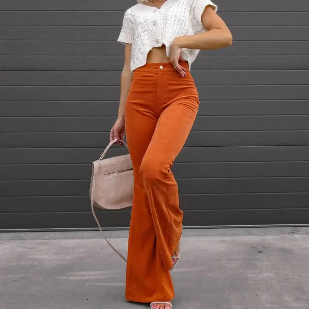 FLYTONN-Women Flared Pants Solid Color Horn Shape Lady Pants High Waist Button-up Slim Fit Full Length Female Trousers For Dating